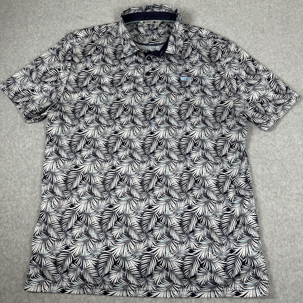Black Clover‎ Men's Golf Polo Shirt XL AOP Palm Leaf Black White Stretch
